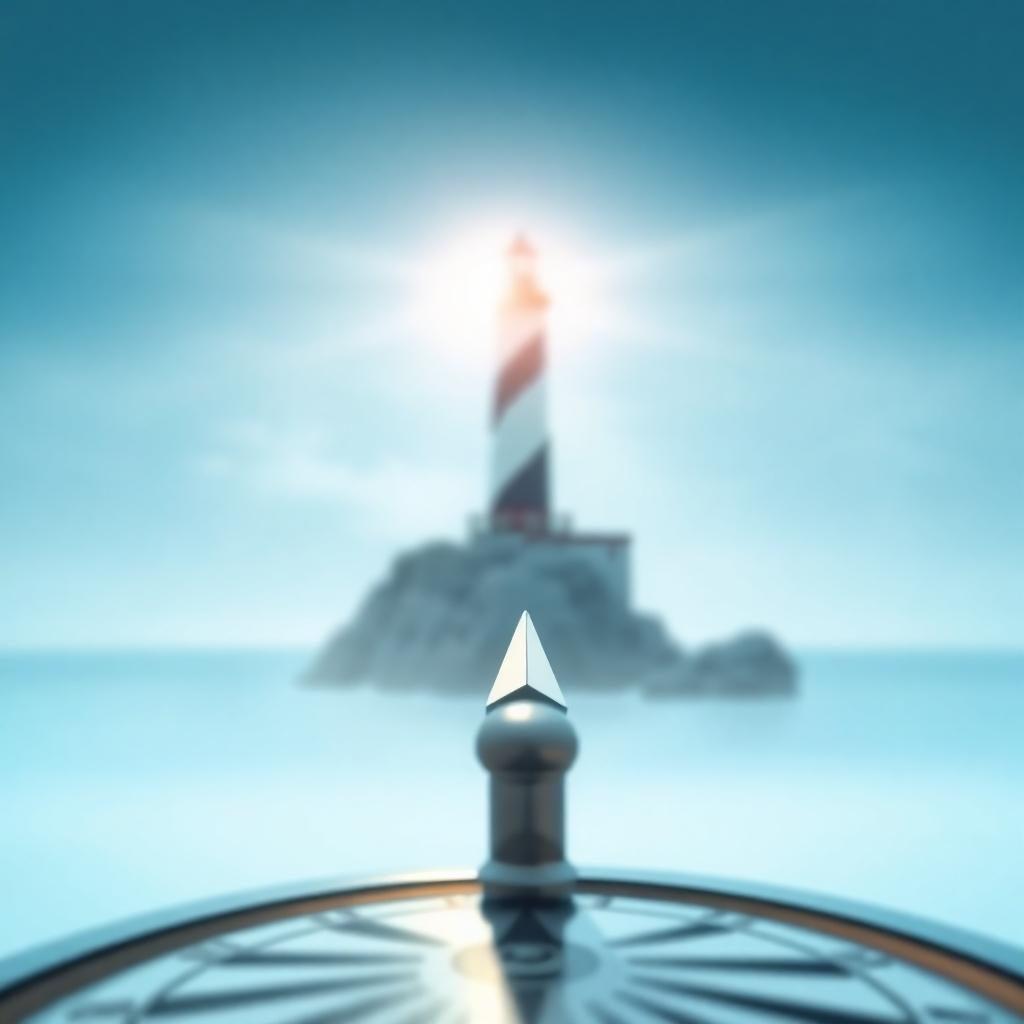 A photorealistic image of a compass pointing towards a lighthouse in the distance. The lighthouse symbolizes guidance and purpose. The compass represents clarity and direction. The color palette is nautical and calming, with blues, whites, and grays. Soft, diffused light illuminates the scene, creating a sense of peace and tranquility. The camera angle is low, looking up at the lighthouse, emphasizing its importance. The style is realistic and inspiring, with a focus on light and symbolism.