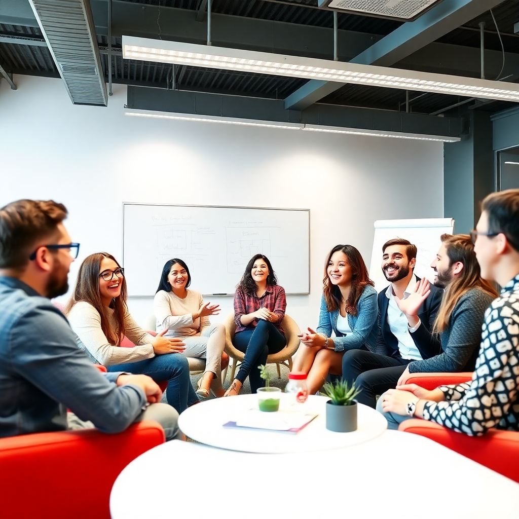 A photorealistic image of a group of people participating in a workshop. The participants are engaged in a lively discussion, with smiles and gestures. The room is bright and spacious, with comfortable seating and a whiteboard. The atmosphere is energetic and collaborative. Style: Modern, dynamic, and engaging.