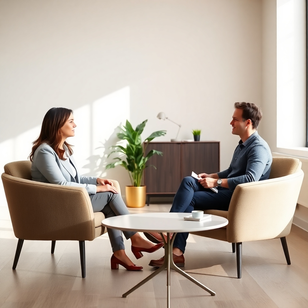 A photorealistic image of a one-on-one coaching session. A coach and client are sitting in comfortable chairs in a bright, modern office. The coach is actively listening and the client is engaged in conversation. Soft, natural light fills the room, creating a warm and inviting atmosphere. Focus on the connection and trust between the coach and client. Style: Clean, modern, and professional.