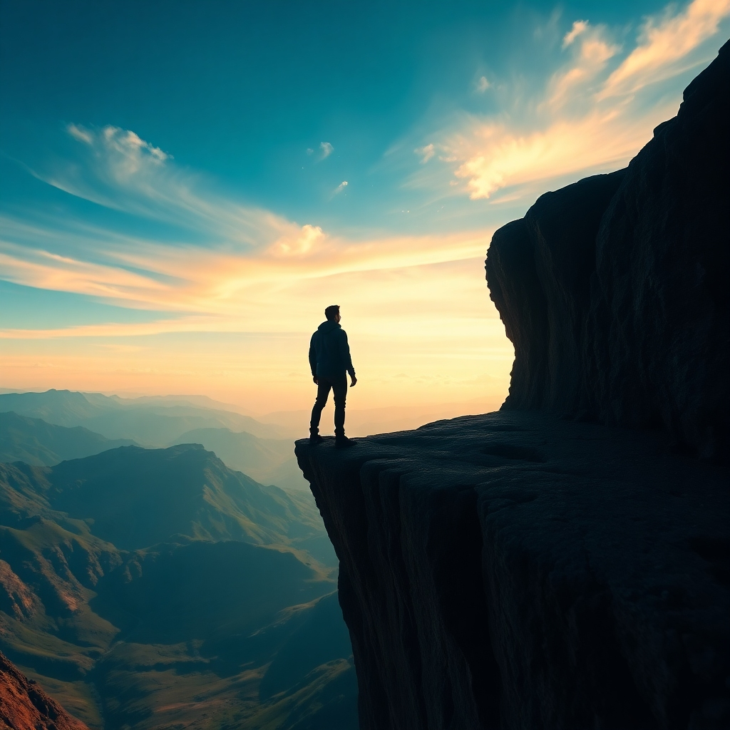 A photorealistic image of a person standing on the edge of a cliff, looking out at a vast landscape. The person is silhouetted against the sky, symbolizing courage and adventure. The landscape is rugged and beautiful, representing the unknown. The color palette is dramatic and inspiring, with blues, greens, and oranges. The camera angle is low, looking up at the person, emphasizing their bravery. The style is realistic and awe-inspiring, with a focus on light and atmosphere.