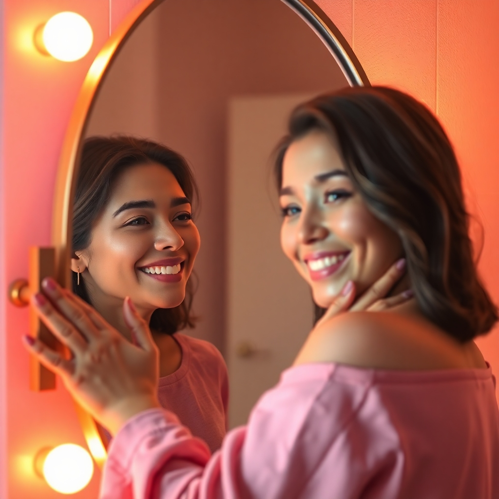 A photorealistic image of a person looking at their reflection in a mirror. The reflection is smiling and confident, representing self-love and acceptance. The person is embracing their reflection, symbolizing self-compassion. Soft, warm light illuminates the scene, creating a sense of peace and tranquility. The color palette is warm and inviting, with pinks, oranges, and yellows. The camera angle is close-up, focusing on the person's face and reflection. The style is realistic and inspiring, with a focus on emotion and expression.