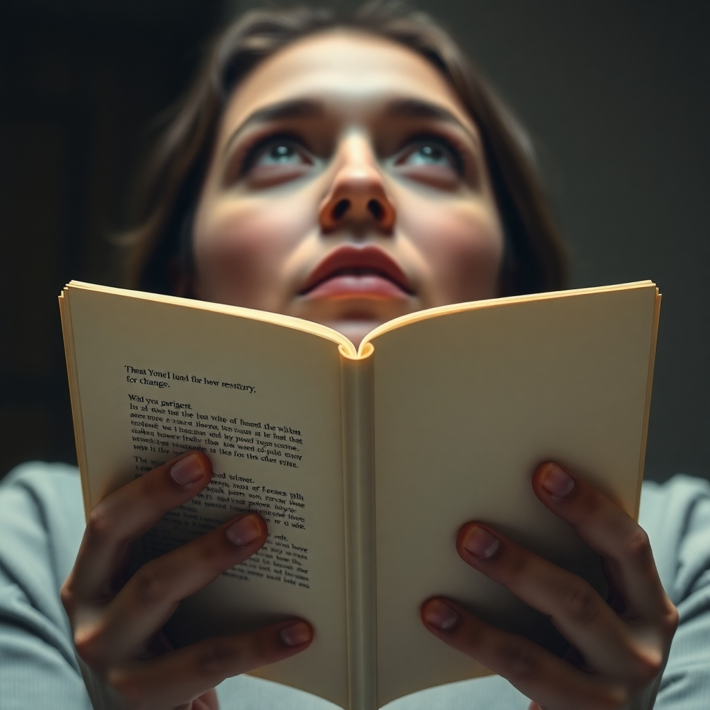 A photorealistic image of a person holding an open book. The pages of the book are blank, symbolizing the opportunity to write a new story. The person is looking up with a determined expression, representing their desire for change. Soft, warm light illuminates the book, highlighting its potential. The color palette is muted, except for the book, which is bright and inviting. The camera angle is close-up, focusing on the person's face and the book. The style is realistic and inspiring, with a focus on emotion and expression.