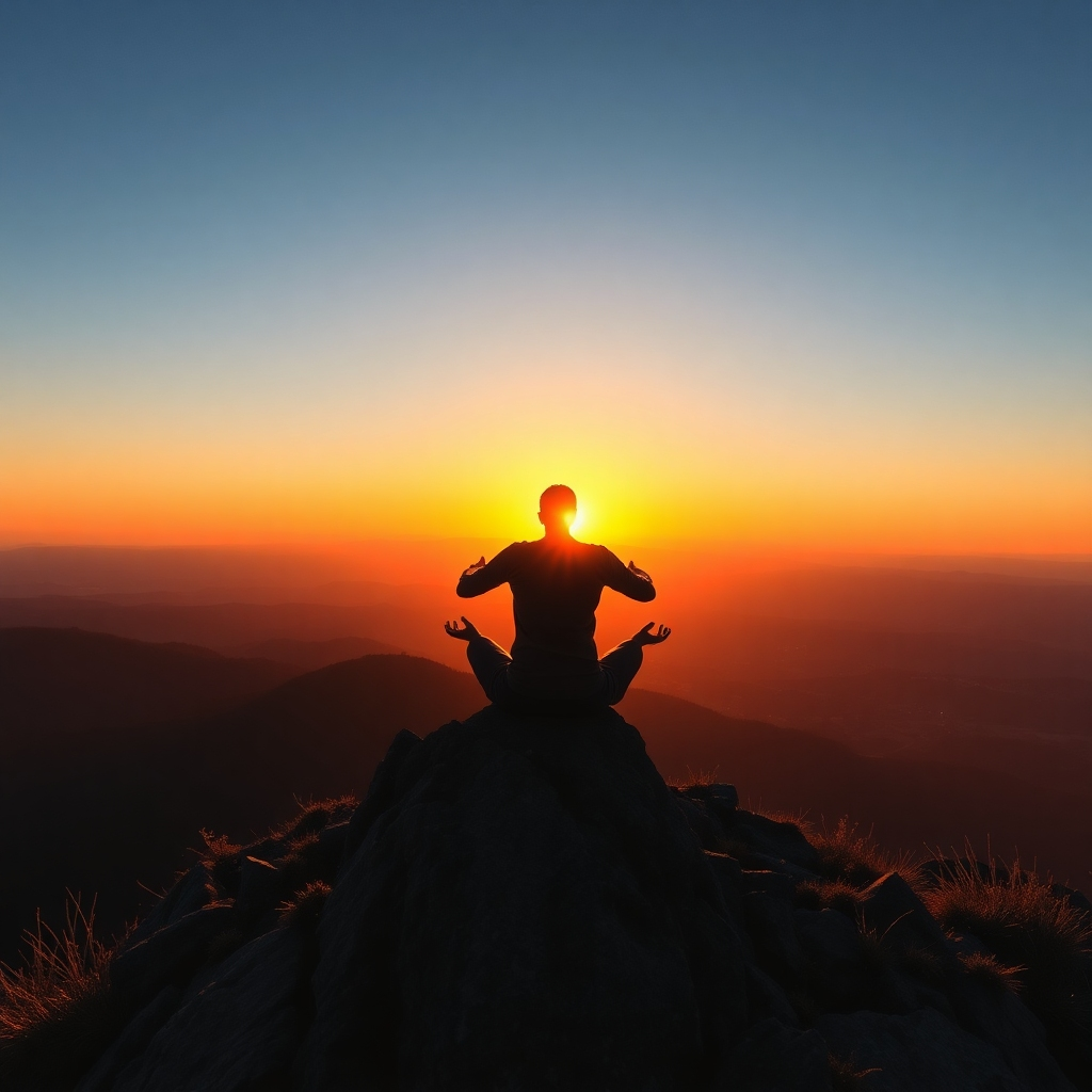 A photorealistic image of a person meditating on a mountaintop at sunrise. The person is silhouetted against the rising sun, symbolizing inner peace and clarity. The landscape is vast and beautiful, representing limitless possibilities. The color palette is warm and inviting, with golds, oranges, and soft blues. The camera angle is wide, capturing the vastness of the landscape and the person's place within it. The style is hyperrealistic and serene, with a focus on light and atmosphere.