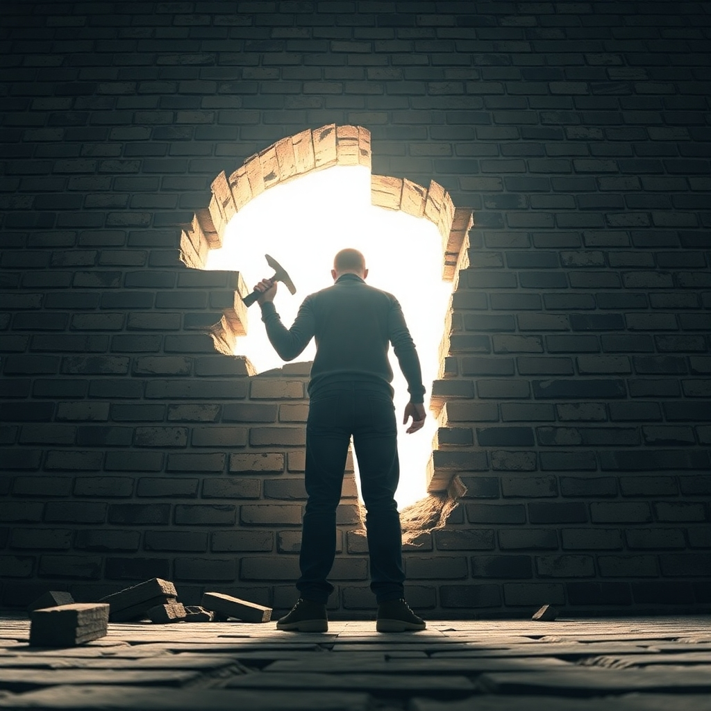 A photorealistic image of a person standing in front of a brick wall. The wall has cracks and some bricks are crumbling. The person is holding a hammer and chisel, symbolically starting to break down the wall. Light shines through the cracks, representing new opportunities. The color palette is muted, except for the light shining through the cracks, which is warm and inviting. The camera angle is low, looking up at the person, emphasizing their determination. The style is realistic and gritty, with a focus on texture and detail.