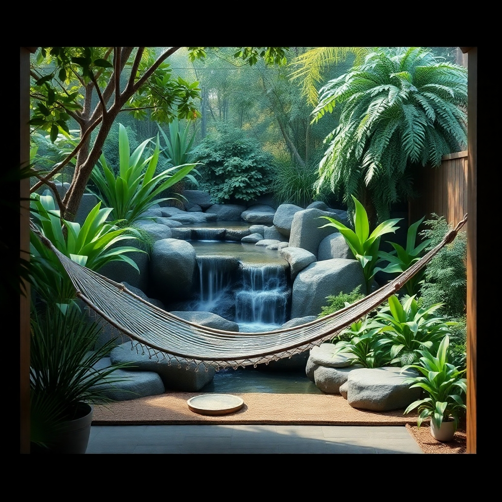 A photorealistic image of a secluded backyard garden featuring a hammock, a waterfall, and lush greenery. The image should evoke a sense of peace and tranquility. Soft, diffused lighting. 4K resolution. Style: Serene and inviting.