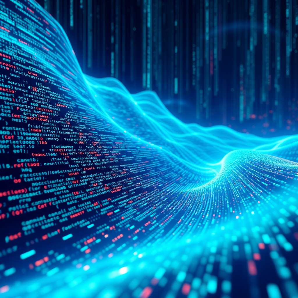 A photorealistic image of abstract code visualized as a flowing river of light. The code is intricate and complex, representing the power and potential of digital technology. The color palette should be futuristic and technological, with neon blues and greens dominating the scene. The lighting should be bright and intense, highlighting the details of the code. The camera angle should be a wide shot, capturing the scale and complexity of the digital landscape. Style reference: science fiction, digital art. Technical specs: 4K resolution, photorealistic.