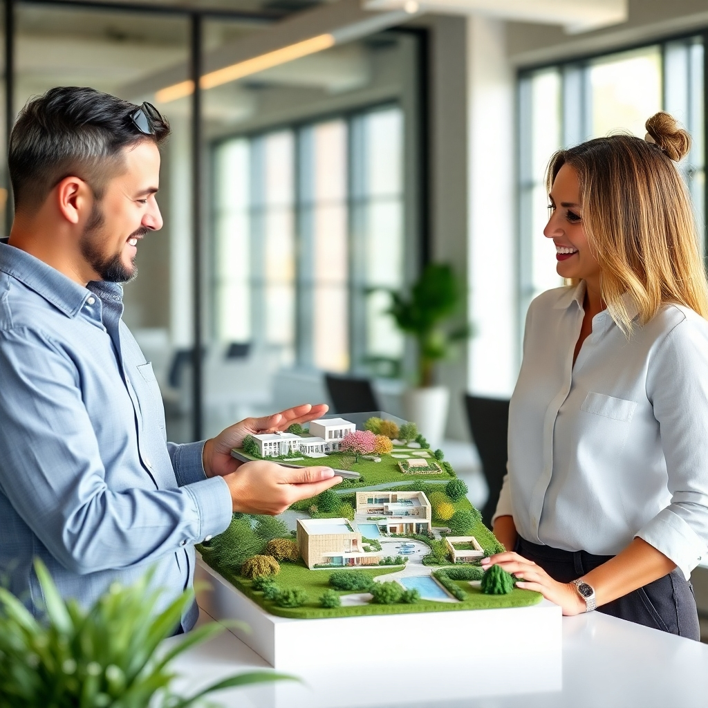 A photorealistic image showcasing a landscape designer presenting a 3D model of a landscape design to a client in a modern office setting. The designer and client are both smiling and engaged in the discussion. Soft, warm lighting. 4K resolution. Style: Professional and collaborative.