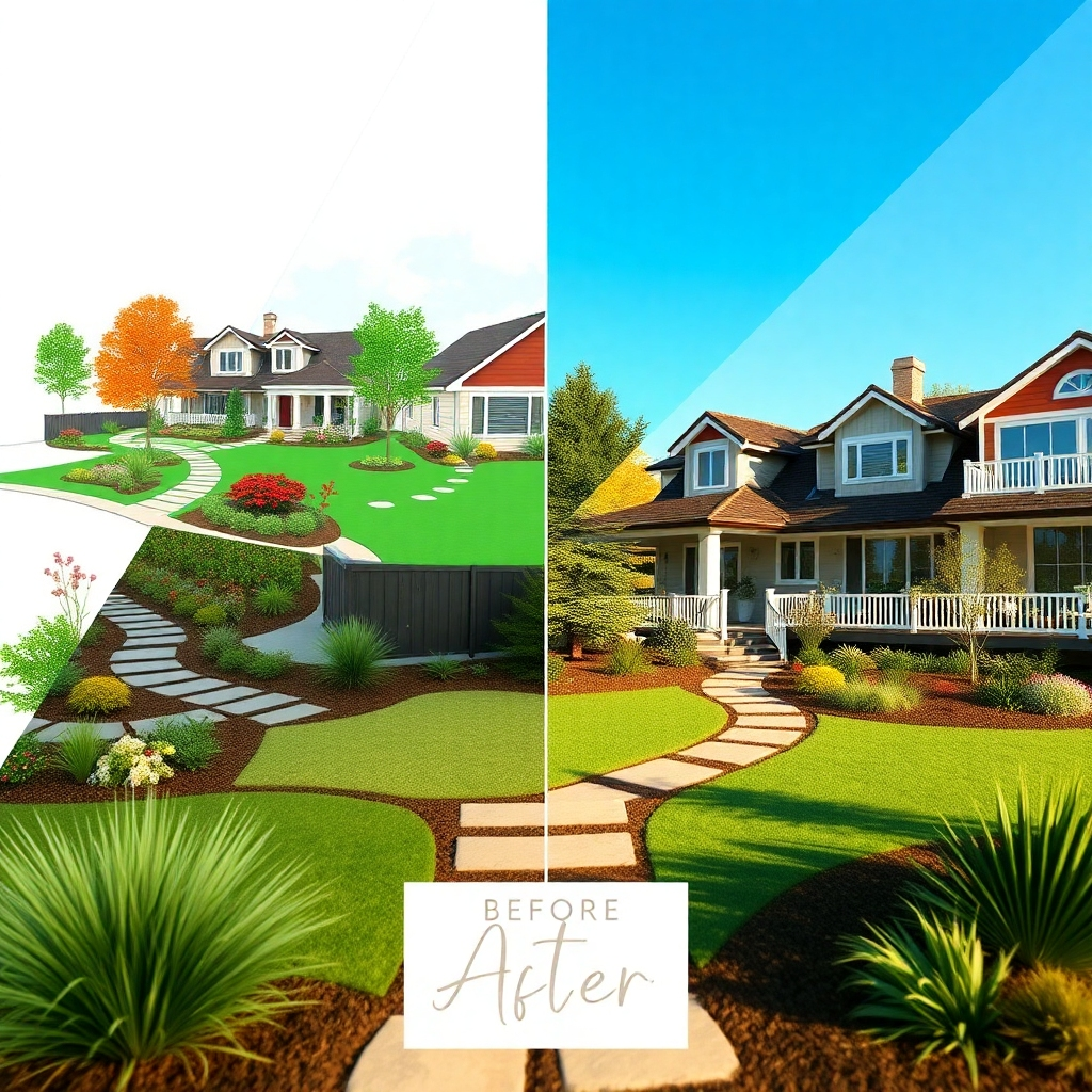 A split-screen image showcasing a landscape design rendering on one side and the corresponding completed landscaping project on the other. The rendering should be vibrant and detailed, while the completed project should reflect the design with remarkable accuracy. Warm, natural lighting. 4K resolution. Style: Before and After.