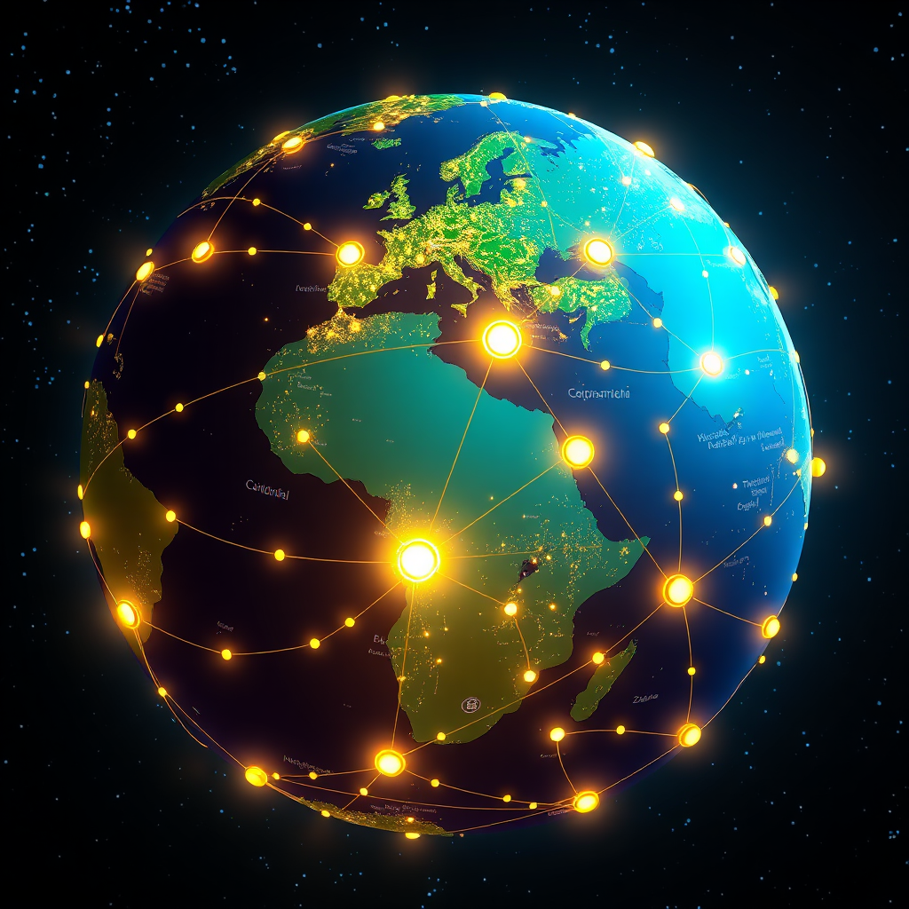A stylized globe is depicted with interconnected nodes of light representing different cultures and communities engaging in dialogue. The color palette is vibrant and optimistic, with a focus on blues, greens, and golds. The background is a dark and starry sky, symbolizing the vastness of the world. The style is a blend of photorealism and abstract art, conveying both global connection and technological innovation. Render in 4K resolution.