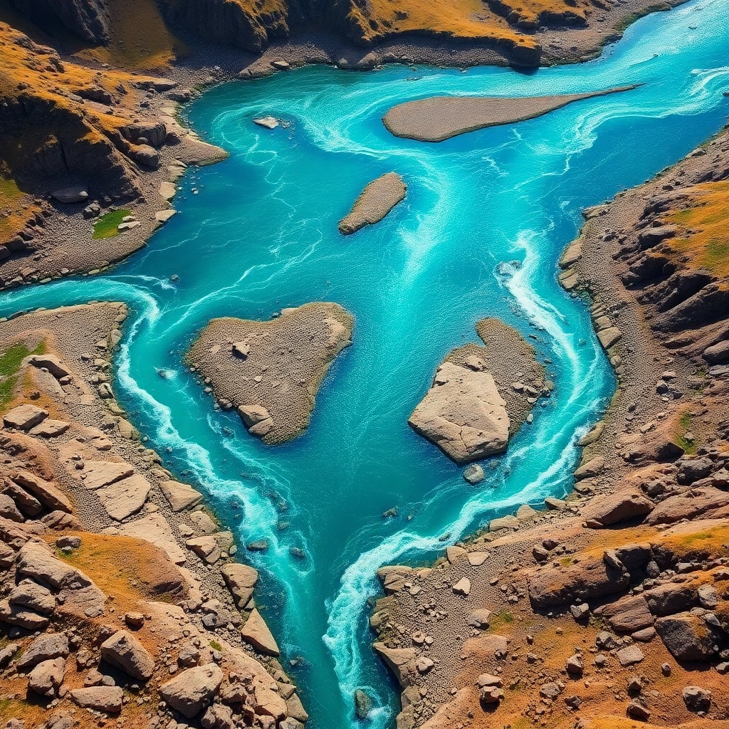A stylized image representing a winding river flowing through a rocky landscape. The river is constantly changing course, adapting to the terrain. The landscape is rugged and beautiful, representing the challenges of life. The color palette is dynamic and vibrant, with blues, greens, and browns. The camera angle is high, capturing the vastness of the landscape and the river's journey. The style is a blend of photorealism and artistic interpretation, with a focus on movement and energy.