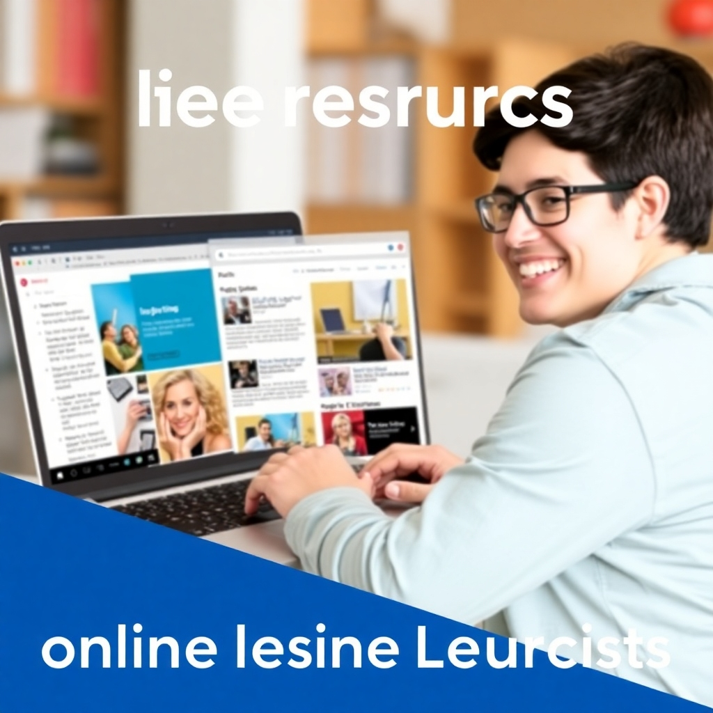 A stylized image representing a person accessing online resources on a laptop. The screen is filled with inspiring content, such as articles, videos, and exercises. The person is smiling and engaged, representing the ease and accessibility of online learning. The background is blurred, focusing attention on the laptop and the person's expression. Style: Clean, modern, and informative.