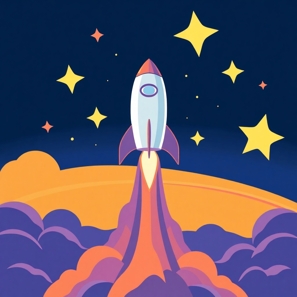 A stylized image representing a rocket launching into space. The rocket symbolizes ambition and achievement. The stars represent limitless possibilities. The color palette is vibrant and exciting, with blues, purples, and oranges. The camera angle is low, looking up at the rocket, emphasizing its power and speed. The style is a blend of photorealism and artistic interpretation, with a focus on energy and excitement.