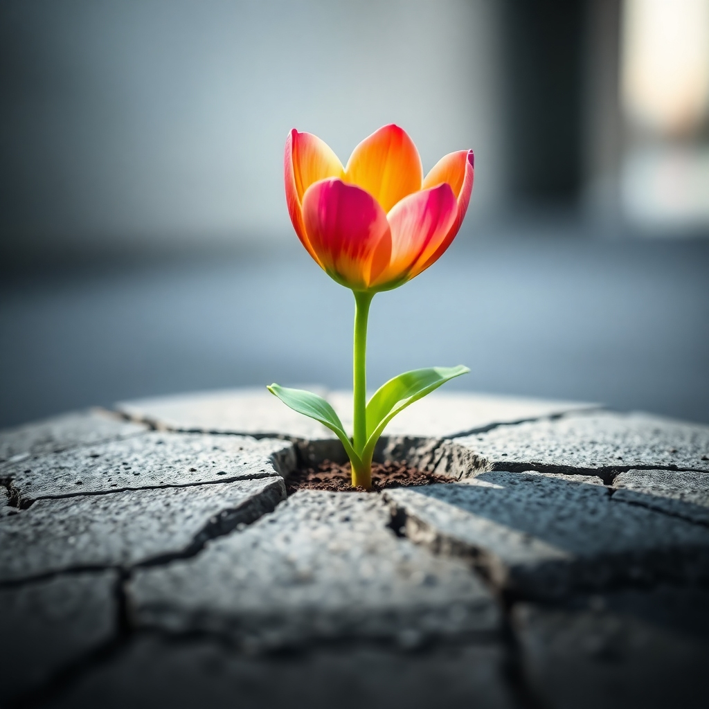 A stylized image representing a blooming flower. The flower is growing out of cracked concrete, symbolizing growth and resilience. The flower is vibrant and colorful, contrasting with the gray concrete. Soft, diffused light illuminates the flower, highlighting its beauty. The background is blurred, focusing attention on the flower. The style is a blend of photorealism and artistic interpretation, with a focus on color and composition.
