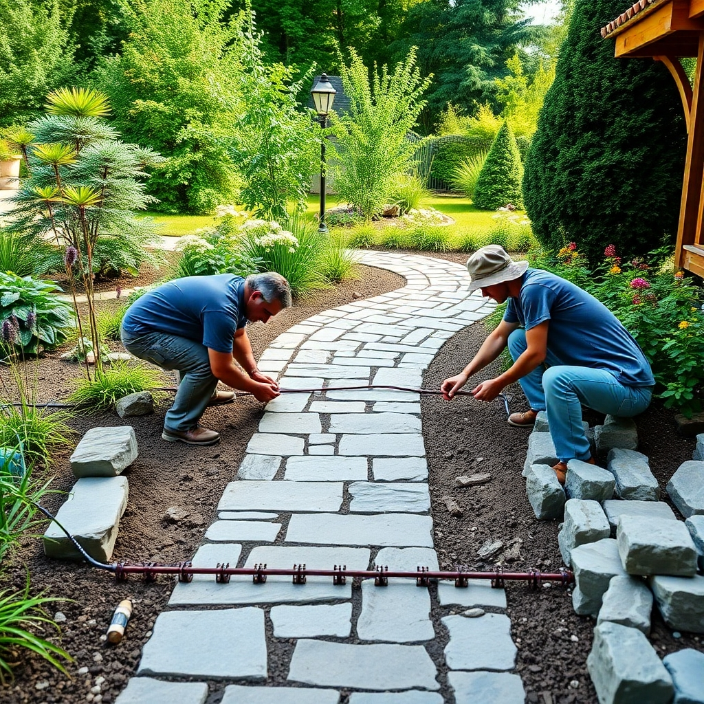 A team of landscapers installing a stone pathway in a garden, demonstrating precision and teamwork. Natural lighting, emphasizing the textures of the stone. 4K resolution.