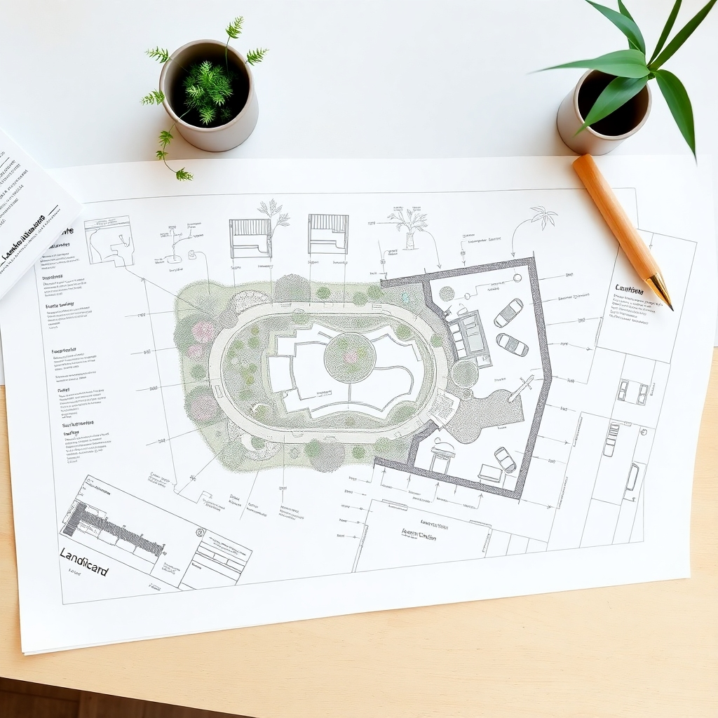 A top-down, architectural-style render of landscape design blueprints laid out on a drafting table. The blueprints showcase a complex garden design, complete with annotations, plant species details, and measurements. The image should emphasize precision and detail. Soft, diffused lighting to highlight the blueprint details. Style: Technical illustration with an artistic touch. 4K resolution.