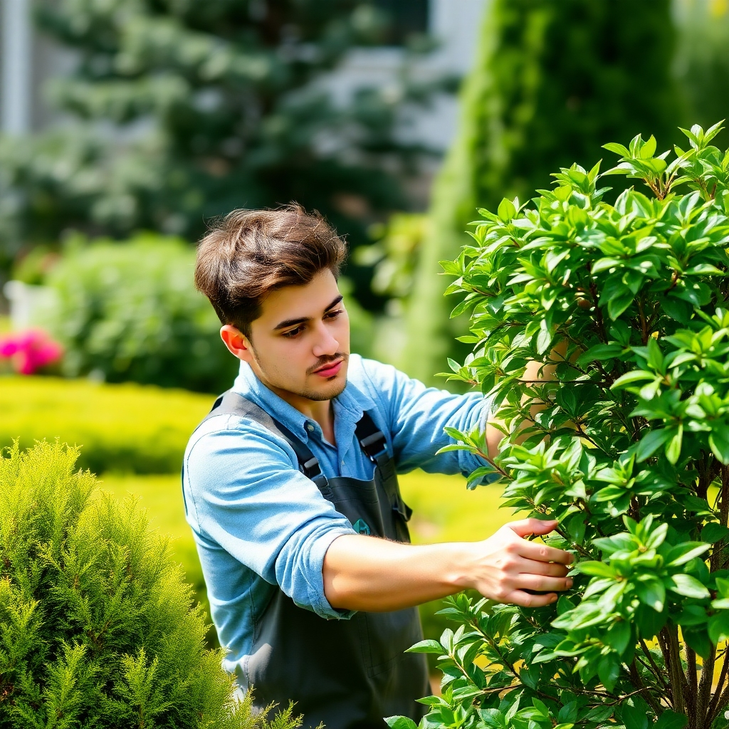 A landscaper pruning a shrub in a well-maintained garden, showcasing attention to detail and horticultural expertise. Natural lighting, highlighting the lush greenery. 4K resolution.