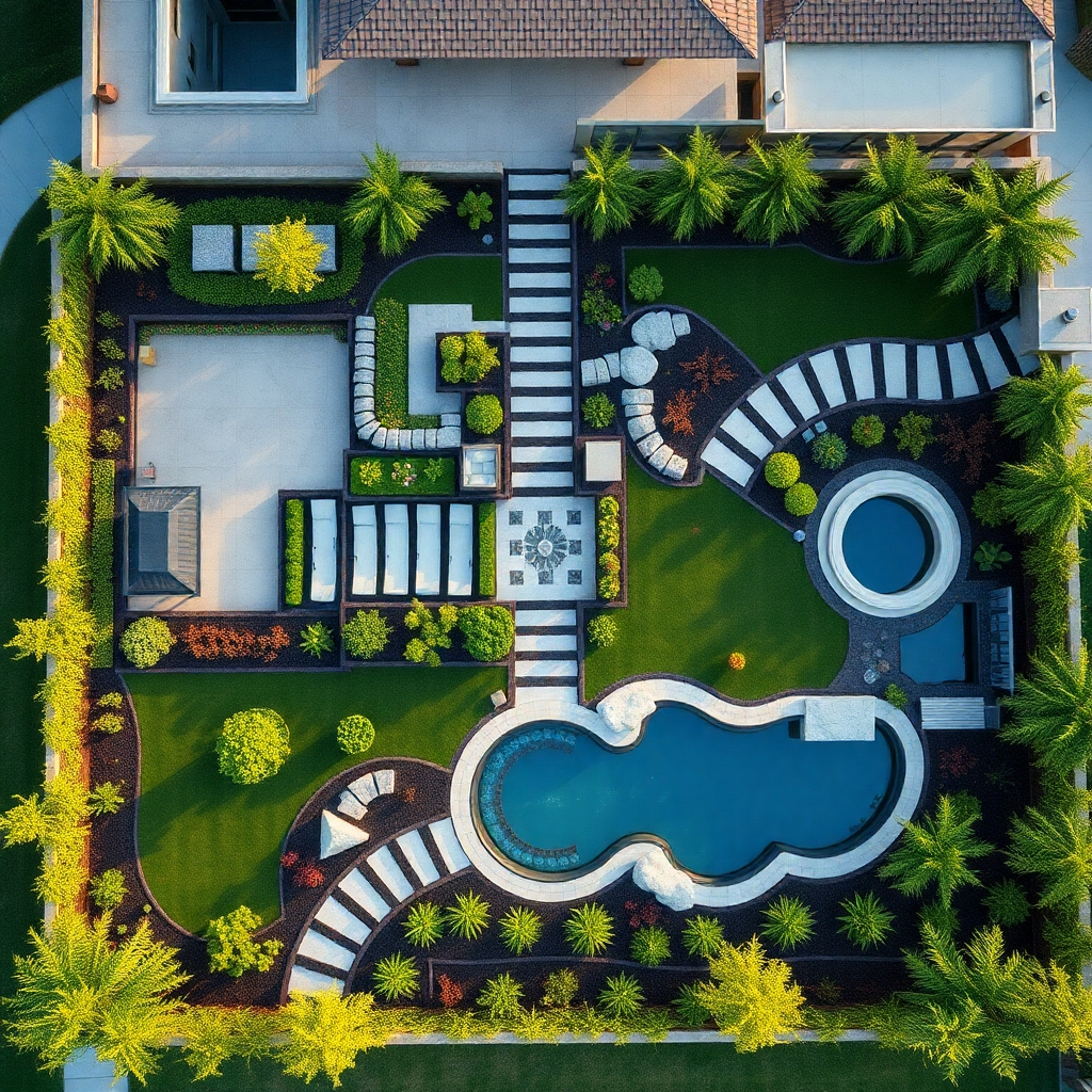 A stylized, artistic illustration depicting the process of landscape design and landscaping, starting from a blank canvas and evolving into a vibrant, fully realized garden. The image should convey a sense of transformation and creativity. Use a bright, playful color palette. Style: Illustration.