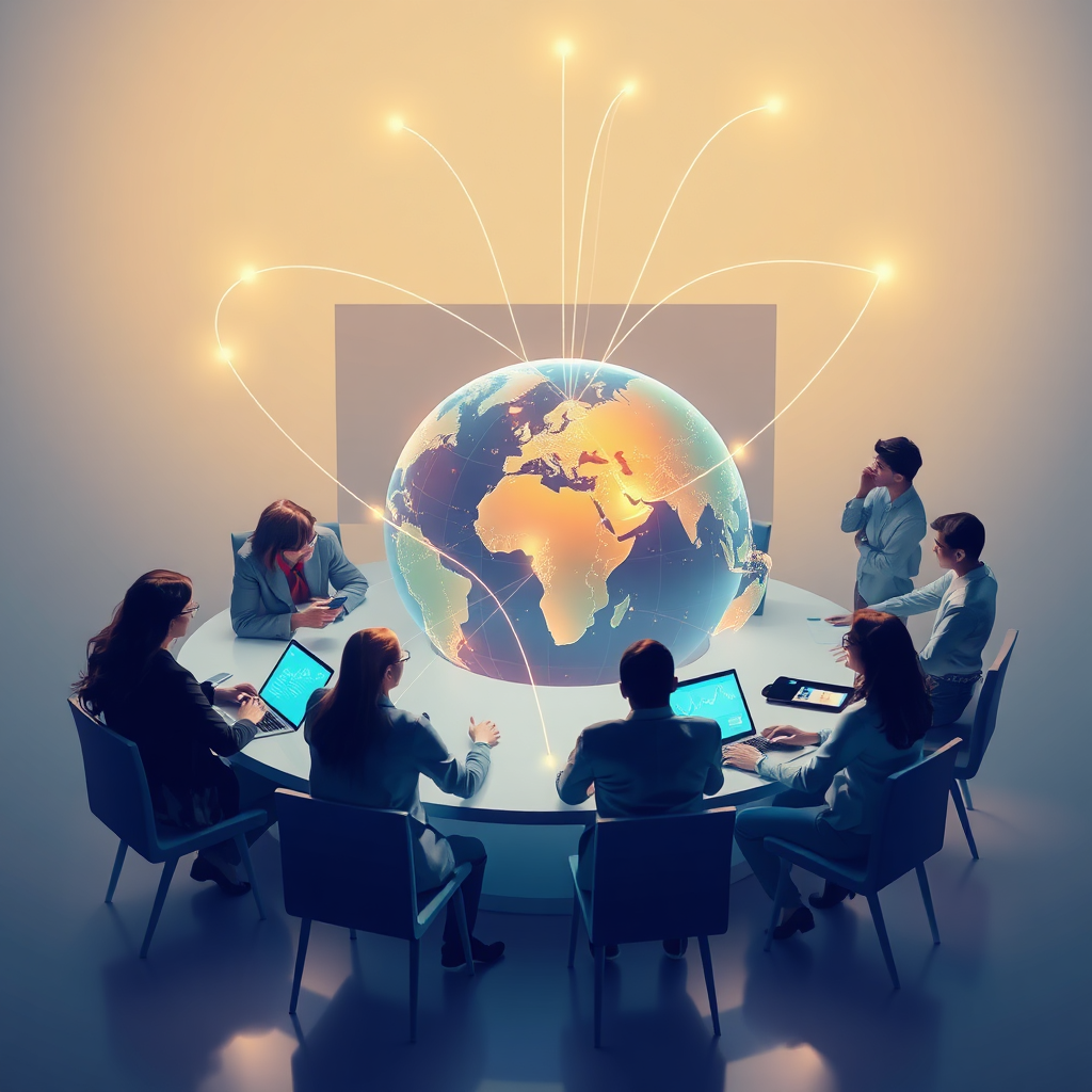 Create a stylized image that represents the core values of JAKOIS Media Group. Depict a diverse group of creative professionals collaborating around a holographic projection of the Earth, with lines of light connecting different regions. These lines represent the flow of ideas and content across borders. The color palette is vibrant and optimistic, with a focus on blues, greens, and golds. The lighting is soft and diffused, creating a sense of warmth and collaboration. The camera angle is a medium shot, focusing on the interactions between the team members. Add subtle details like digital interfaces and collaborative tools. The style is a blend of photorealism and abstract art, conveying both innovation and human connection. Render in 4K resolution.