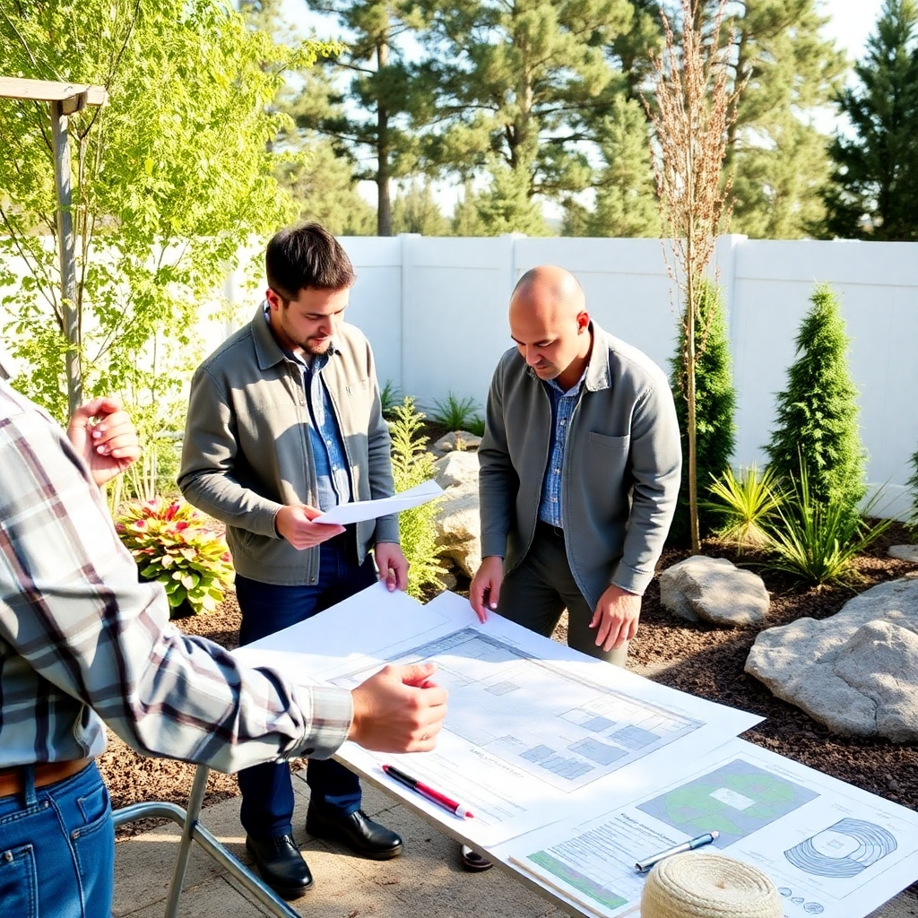 An aerial view of a meticulously planned landscape design project, showcasing the various elements of the design, including patios, walkways, gardens, and water features. The image should emphasize the precision and coordination of the design. Natural lighting. 4K resolution. Style: Architectural.