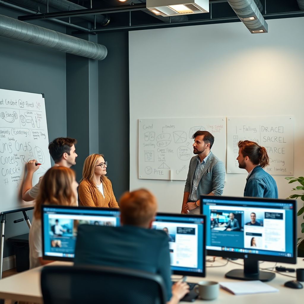 Visualize a team of creative professionals brainstorming ideas in a modern studio. Whiteboards are filled with sketches and notes, and computers display various stages of content creation. The atmosphere is collaborative and energetic. The lighting is bright and natural, with a focus on the team members' faces.