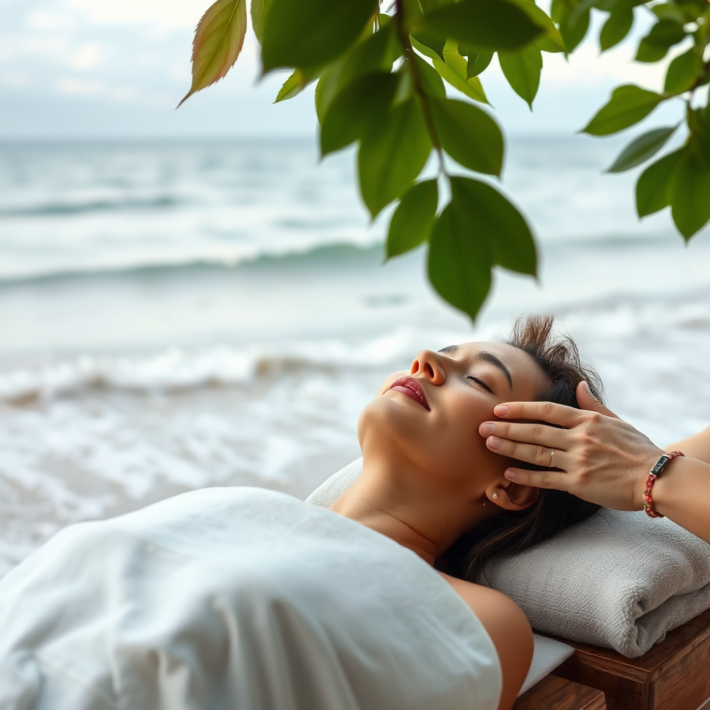 A calming scene showing a guest in deep relaxation receiving a massage by the beachfront. The waves gently lap at the shore, and the soft breeze moves the leaves above. The focus is on the serenity of the moment, highlighting the connection between nature and wellness. Style reference: nature's peace. Technical specs: 4K resolution.