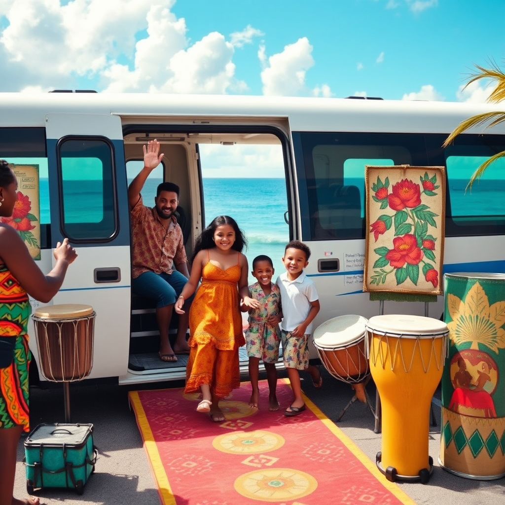 A captivating image of a family excitedly stepping out of the airport shuttle, surrounded by local cultural symbols like drums and artwork. The scene conveys anticipation and joy with a colorful backdrop of Negril's coastal beauty, highlighting the essence of the journey ahead.