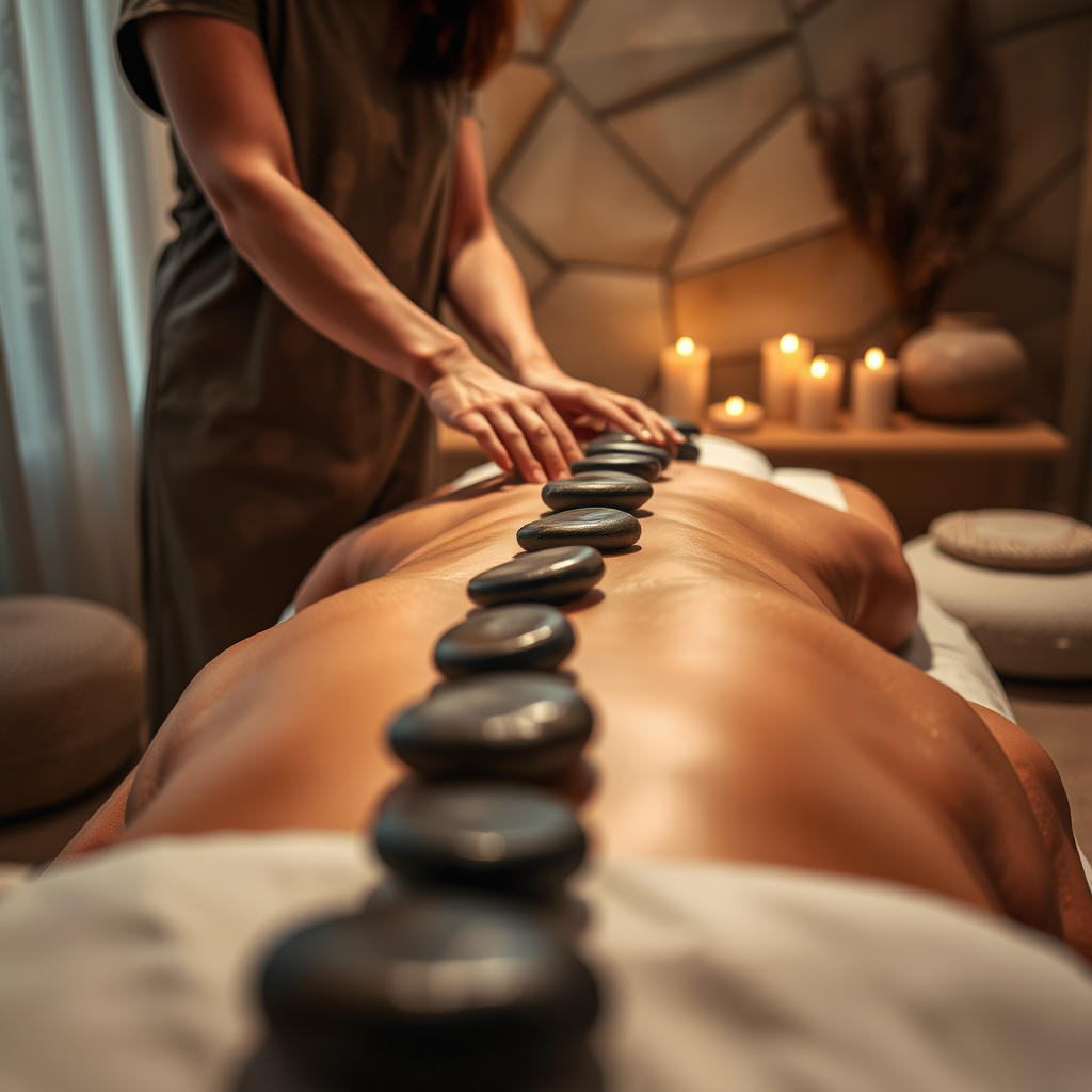 A captivating image of a therapy session featuring hot stone therapy. A skilled therapist is carefully placing heated stones along a client's spine in a beautifully arranged treatment room. The ambiance is serene with soft lighting and earthy textures. The camera angle focuses on the stones and the client's relaxed posture, emphasizing tranquility. Technical specs: 4K resolution.
