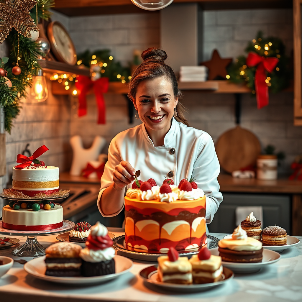 A captivating image representing the essence of 'Liz On Demand Pastry Chef'. It features Liz, a warm and friendly pastry chef, in her kitchen, surrounded by vibrant holiday decorations and an array of beautifully plated desserts. The composition captures the joyful spirit of the holidays, with rich lighting that enhances the colorful pastries. The camera angle focuses on Liz joyfully decorating a festive cake, emphasizing her passion and skill. A cozy, inviting kitchen with rustic accents sets the mood, while golden hues and soft shadows create depth. The image should be high-quality, rendered in 4K resolution.