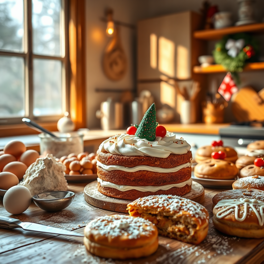 A cozy kitchen environment featuring fresh holiday pastries being baked. Warm light streams in through a window, illuminating a wooden countertop filled with flour, eggs, and an assortment of baked goods decorated for Christmas. The focus is on a beautifully frosted cake with festive toppings and golden textures. The image conveys warmth and homeliness, with baking tools casually placed around. The texture of the pastries should be highly detailed, showcasing their deliciousness. This image is to be high-quality and photorealistic, bringing the baking experience to life.