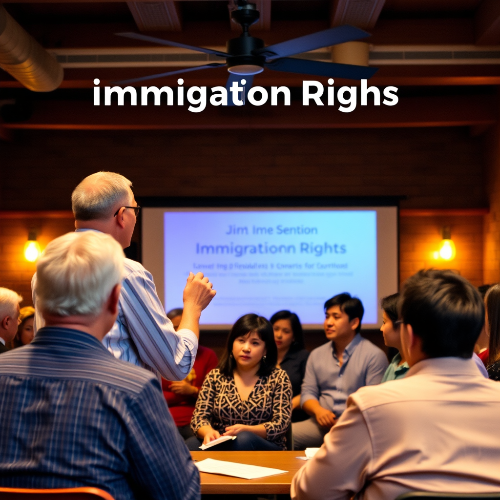 A cozy setting with Jim conducting a seminar on immigration rights. The lighting is warm and inclusive, creating an inviting atmosphere. The color palette is rich and engaging, featuring people of diverse backgrounds actively participating. The camera angle shows Jim passionately speaking, ensuring viewers feel the empowerment he offers.