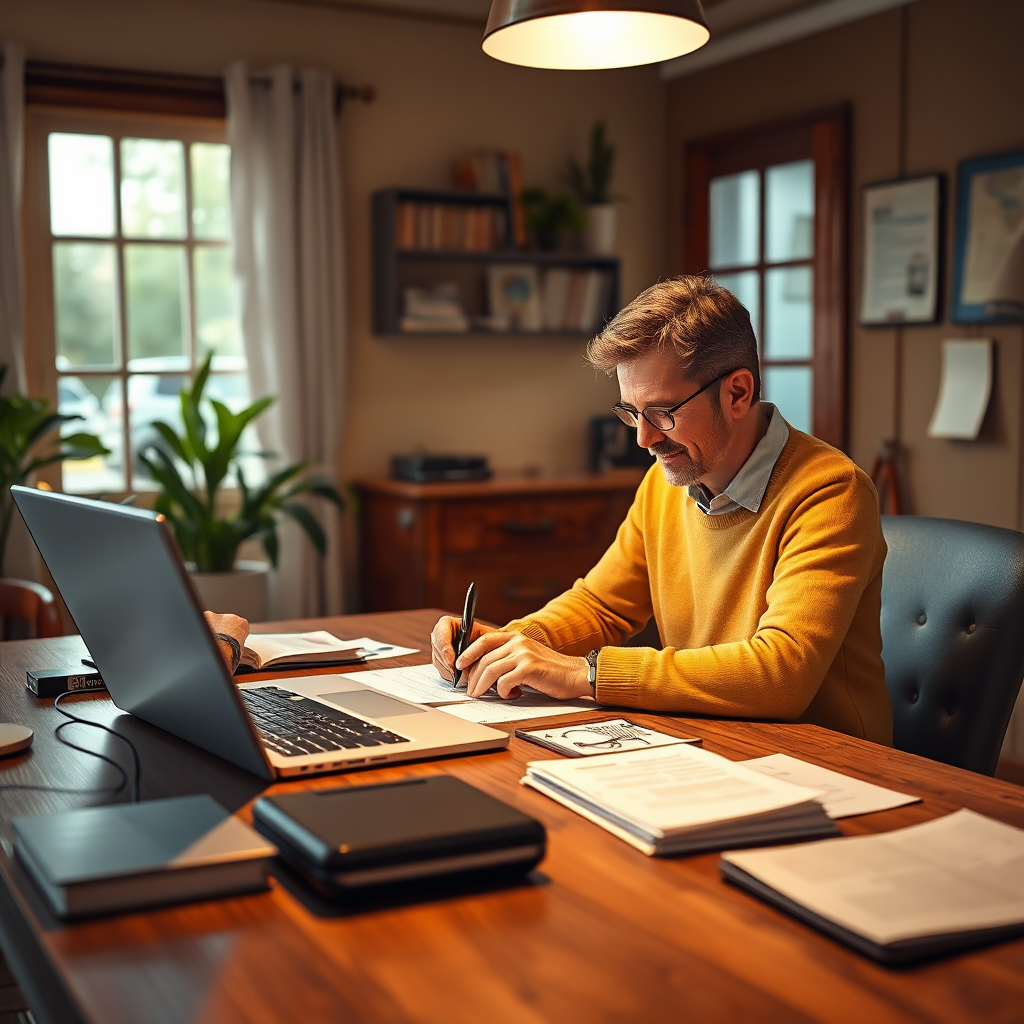 A cozy workspace depicting a client engaged in a remote notarization session on a laptop. The ambiance should be warm and inviting, with well-organized documents around. The focus should be on the technology and ease of online notarization, rendered in a photorealistic style in high definition.
