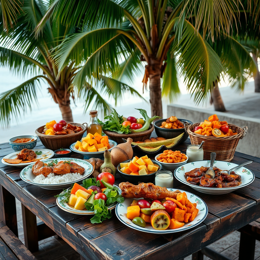 A delicious spread of traditional Jamaican dishes is beautifully arranged on a rustic wooden table, with vibrant colors from fresh fruits, jerk chicken, and local vegetables. A tropical setting surrounds the table, with palm trees swaying gently in the background. The image should evoke a sense of warmth and hospitality, embodying the flavors of Negril.
