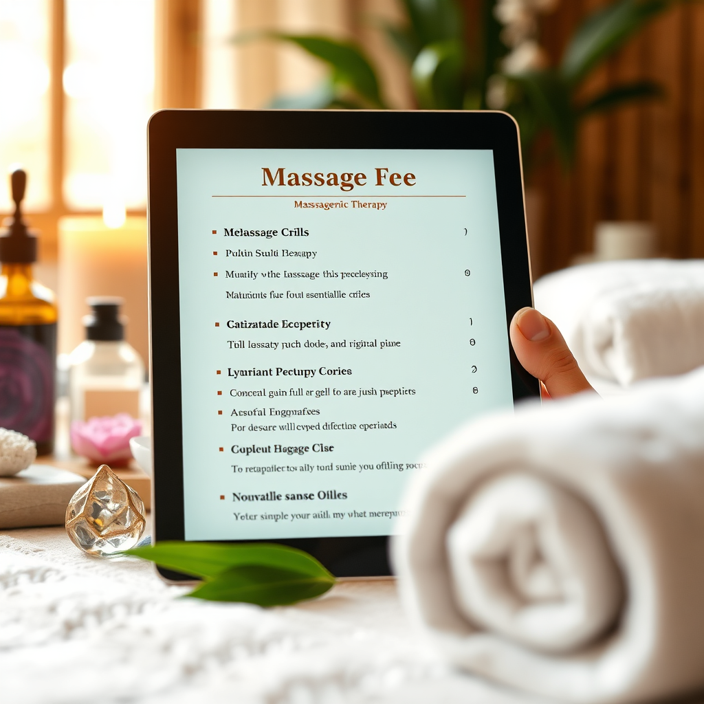 A detailed close-up of a digital menu displayed on a tablet, highlighting various massage therapy options. The composition includes hints of relaxation elements like essential oils and peaceful decor. Soft natural light enhances the colors, creating a warm and inviting atmosphere. The camera angle captures the tablet and the ambiance in a harmonious way. Technical specs: 4K resolution.