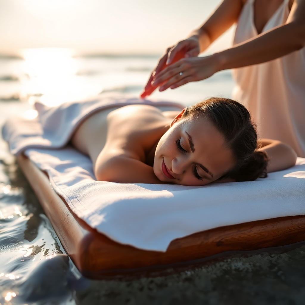 A stylized image of a serene spa setting where a client easily books an appointment using a tablet. The scene captures soft textiles, pleasant aromas, and calming colors that evoke a sense of peace. The client looks relaxed and content, showcasing the ease of use. The lighting is bright and airy, with natural light filtering in through large windows. Technical specs: 4K resolution.
