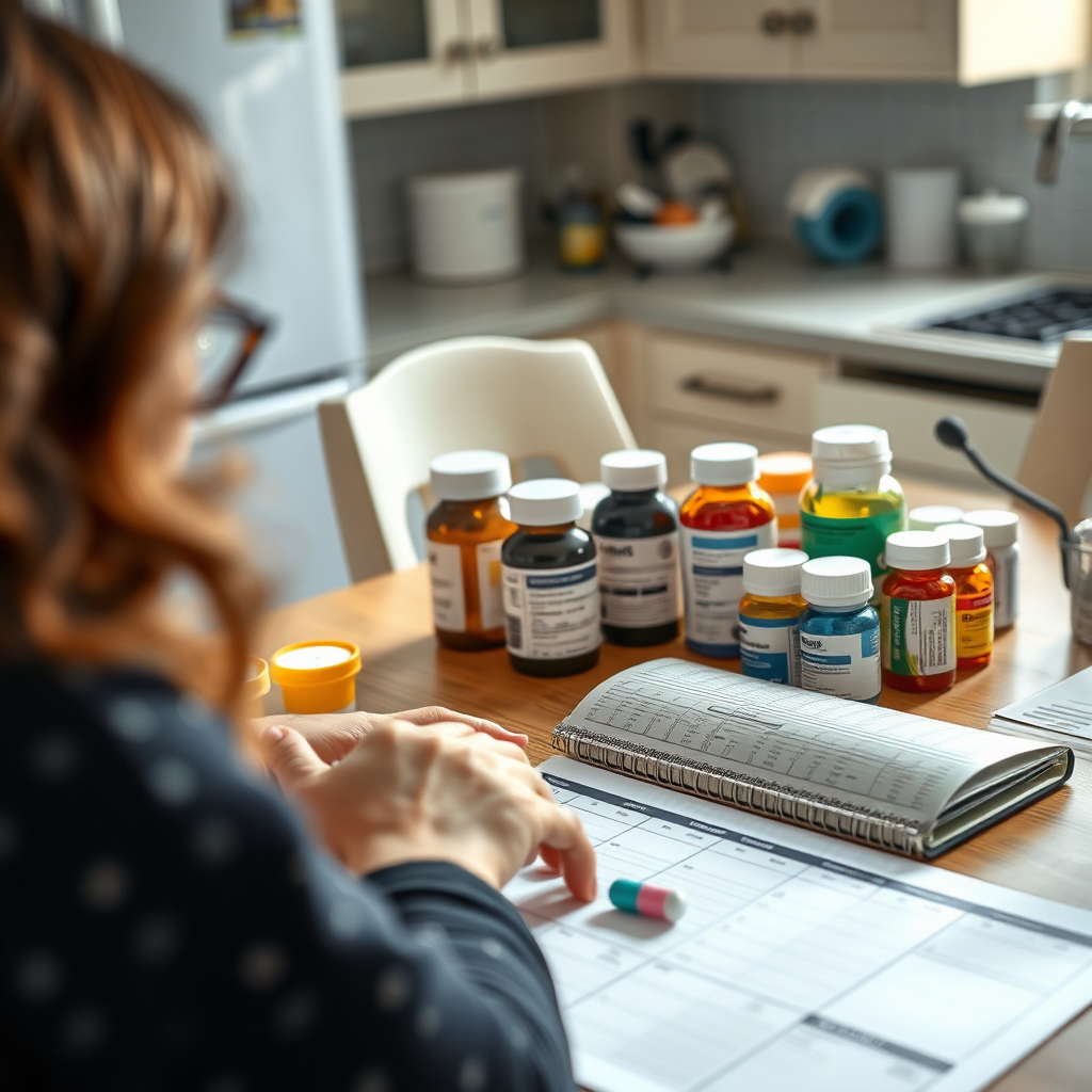 A detailed image of a kitchen table where Tina Brown is organizing a medication planner, with various medication bottles in sight. The setting is bright and tidy, emphasizing the importance of maintaining health. Unique textures from the medication bottles contrast with the wooden table, and soft lighting creates a focus on the task at hand.