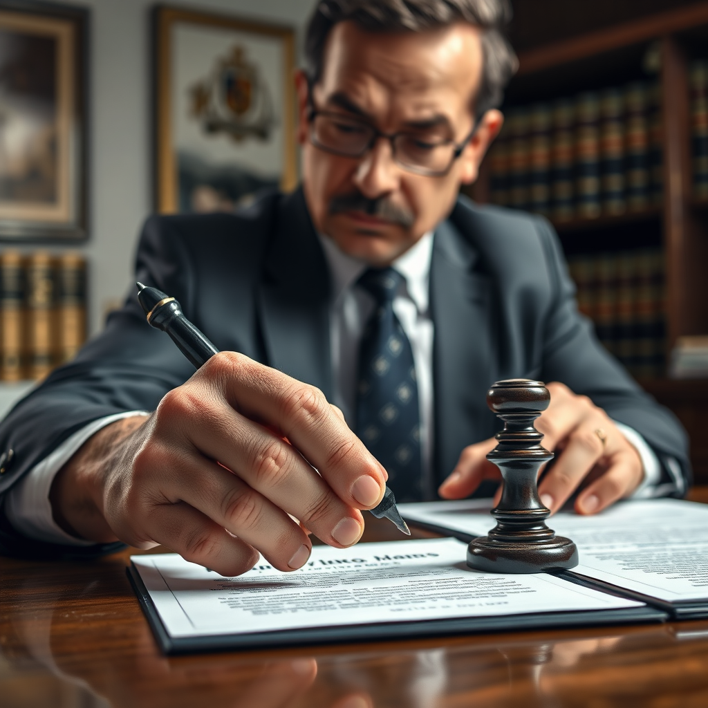 A detailed scene of a notary sealing legal documents with a stamp, showing concentration and care. The office should be well-appointed with law books and cozy lighting, emphasizing authority. This image should convey professionalism and precision, aiming for a high quality, photorealistic finish.
