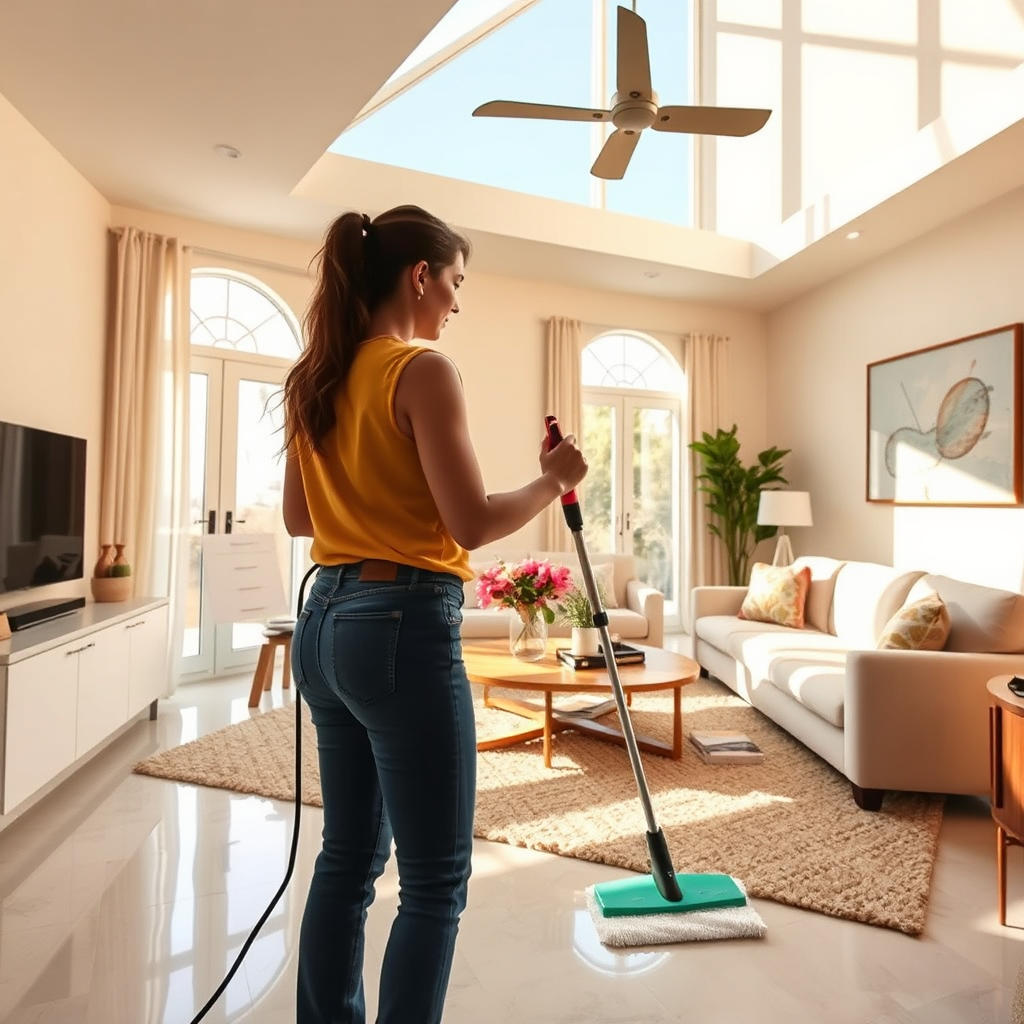 A dynamic image capturing the essence of effortless cleaning, with Leticia utilizing innovative cleaning tools to clean a large living area. The vibrant colors of the room emphasize cleanliness, while the sunlight adds warmth. A wide-angle perspective shows the transformation of the space, highlighting Leticia's efforts. The visual should convey ease and effectiveness, focusing on texture and high-quality details.