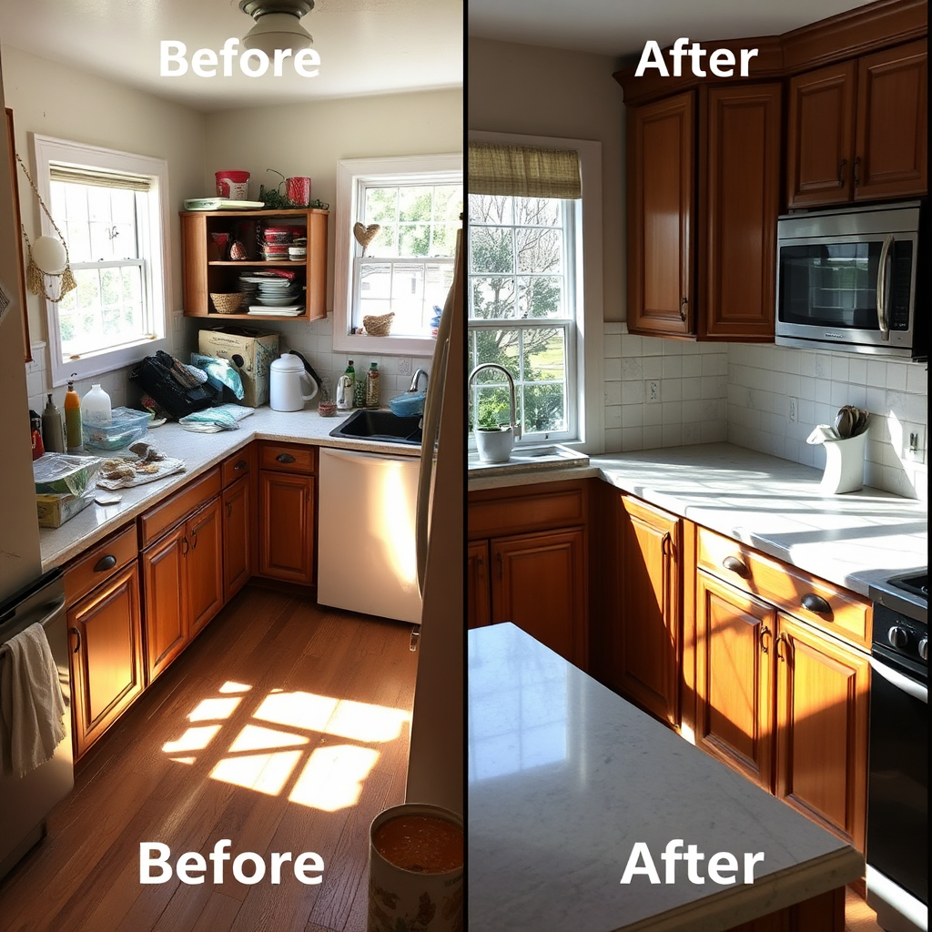 A dynamic image illustrating a before-and-after scenario of a kitchen undergoing a move-out cleaning. One side shows the clutter and the other depicts the sparkling results. The contrast highlights Leticia’s meticulousness and efficiency in transforming spaces. Natural light brings warmth, with textures detailing glossy surfaces. The photo should capture both the effort and satisfaction in high detail.