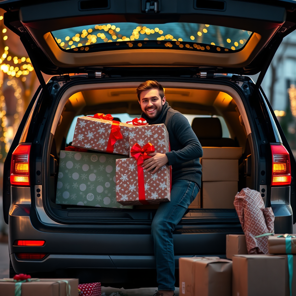 A dynamic image of Justin loading oversized gifts into the back of his SUV, with a friendly smile as he prepares for delivery. The setting is outdoors, with twinkling holiday lights in the background. Soft, golden hour lighting adds warmth to the scene. The camera captures the SUV deep in focus, highlighting its ample space. Surrounding props, like gift wrap and boxes, enrich the holiday theme, creating a cheerful environment.