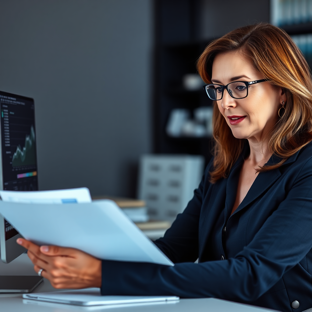 A dynamic image of Nancy reviewing financial statements and problem-solving with an analytics software open on her screen. The composition highlights her focused expression, and the background should feature a sleek, organized workspace. The use of cool tones like blue and grey should communicate professionalism and expertise, ensuring the scene appears contemporary and polished, captured in high resolution.