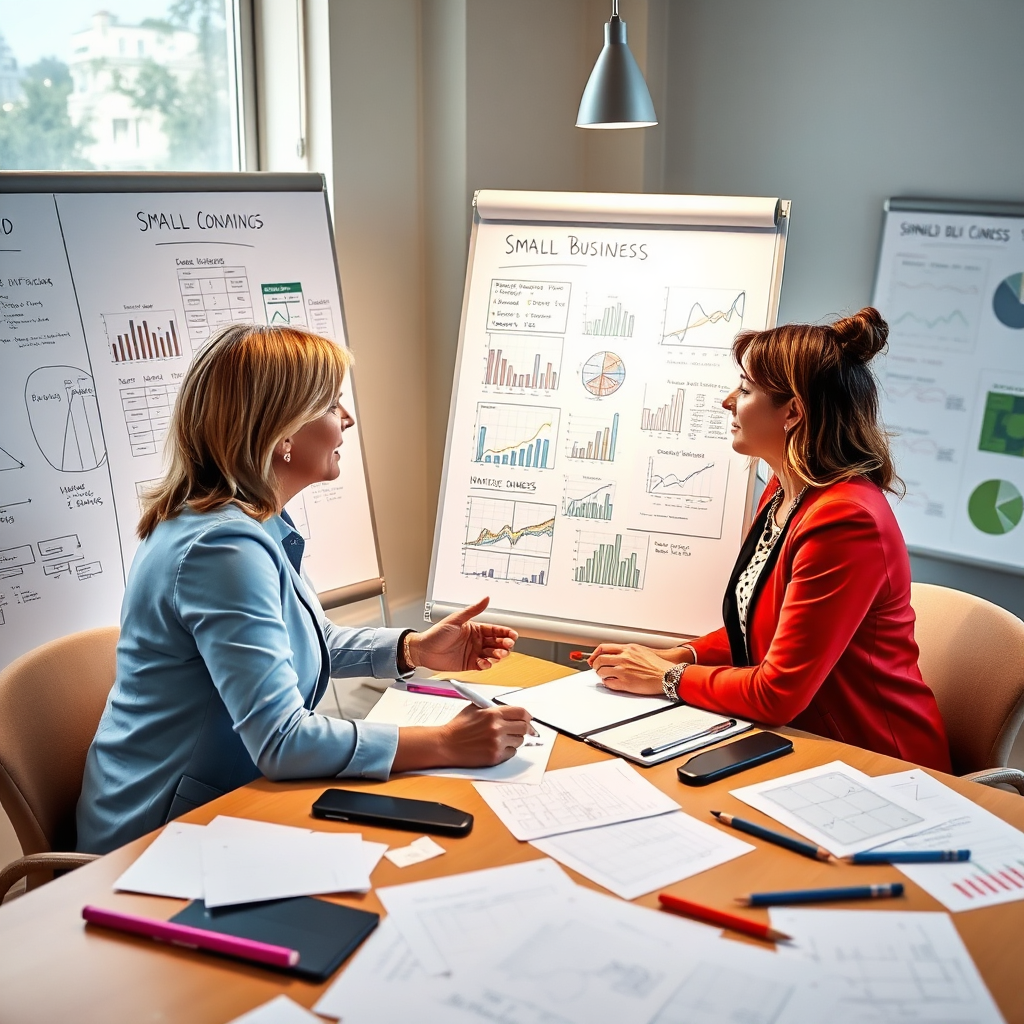 A dynamic image representing a consulting session where Nancy is guiding a small business owner using whiteboards filled with charts and financial strategies. The atmosphere should be collaborative and bright, with diagrams and notes scattered around the table. The color palette should be lively and stimulating, captured in vibrant, high-resolution detail to highlight the innovative approach to consulting.