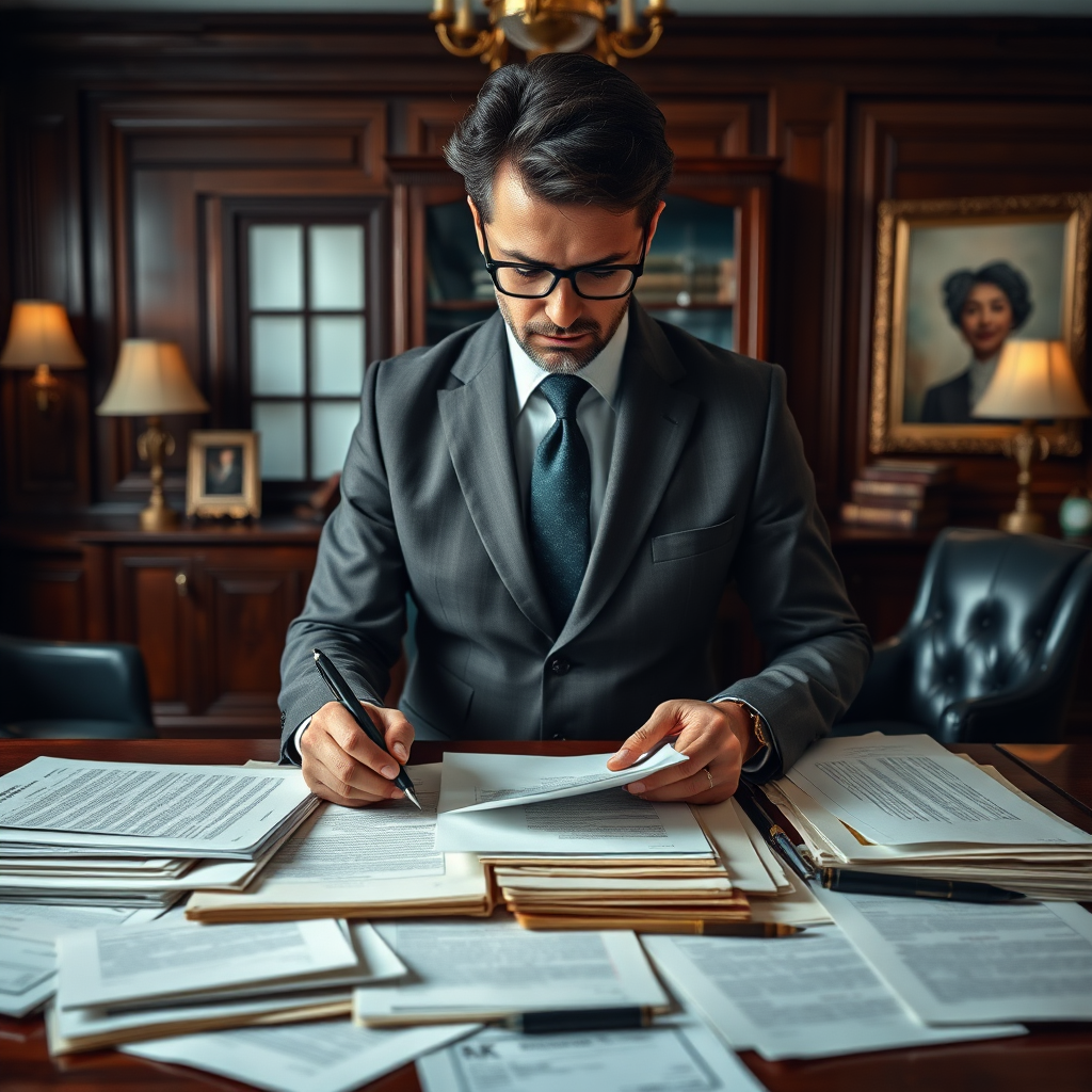 A dynamic presentation of a notary organizing a collection of diverse legal documents, laid out in an organized manner. The backdrop is a sophisticated office with rich wood tones and elegant decor. The notary should appear focused and dedicated, capturing the essence of thorough and comprehensive services. The image should be hyperrealistic in style, aimed at 4K resolution.