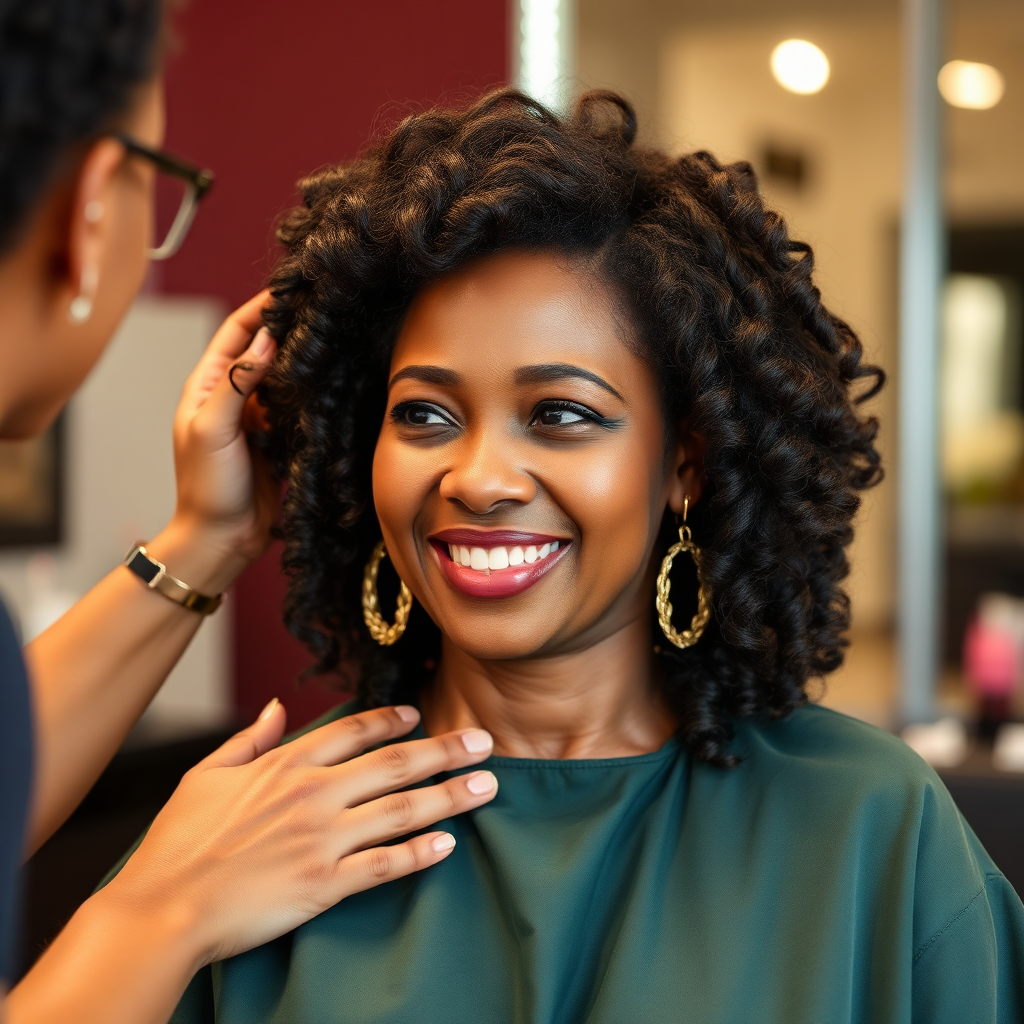 Show a dynamic image of a client happily leaving the salon with a fresh and stylish new haircut. Capture her excited expression as she admires her reflection in the mirror. The salon’s inviting decor and the hairstyling tools should be subtly visible in the background. Use bright, vibrant colors to portray joy and success. The image should be 8K resolution with hyperrealistic detail.