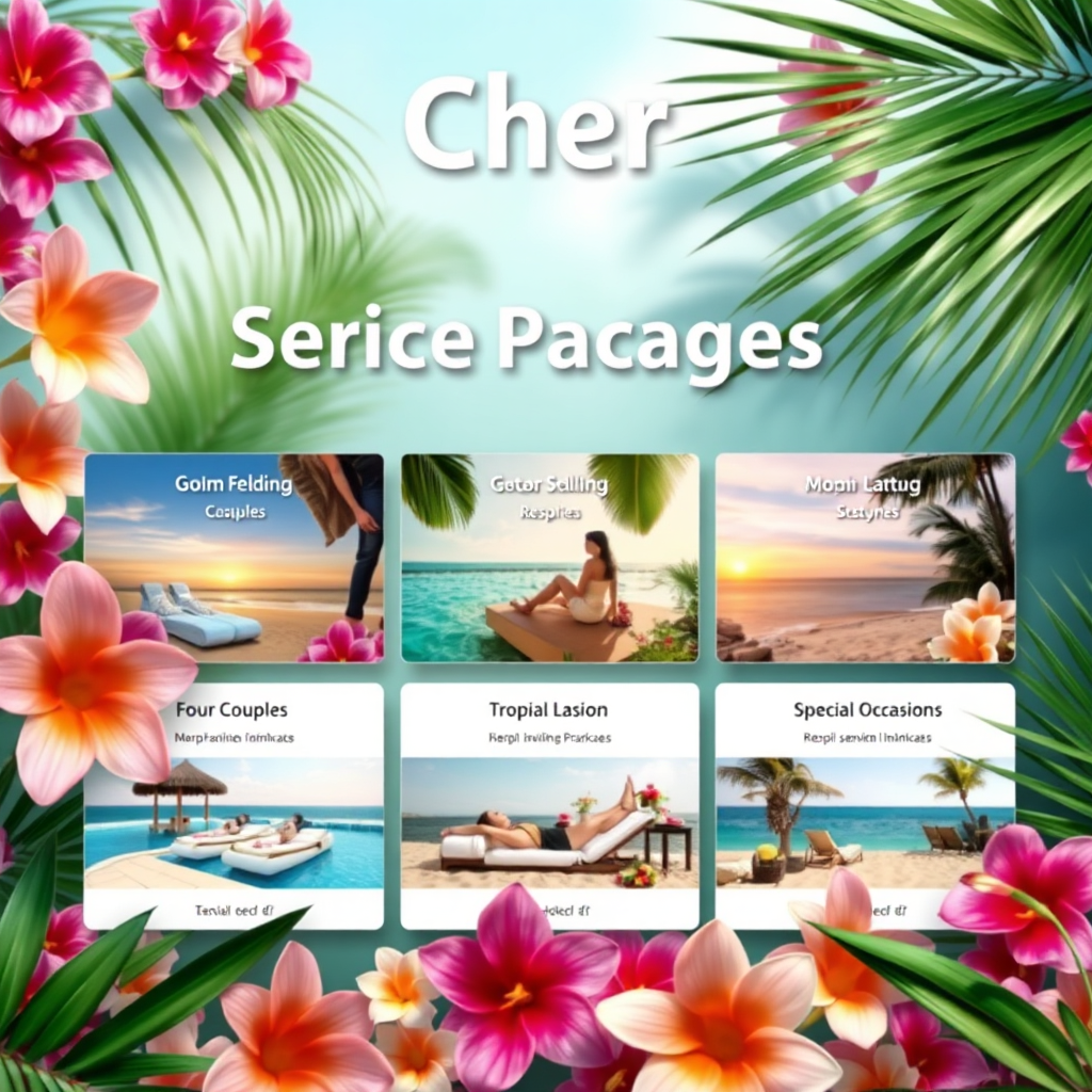 A lively, photorealistic image depicting various service packages displayed attractively, with different themes for couples, relaxation, or special occasions, surrounded by tropical flowers and palm leaves. This visually engaging representation reflects the creativity and personalization offered by Cher. Style reference: festive aesthetic. Technical specs: 4K resolution.