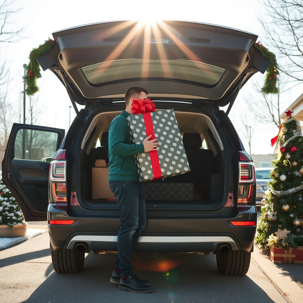 A lively scene where Justin carefully places an oversized gift into his SUV, with the sun shining bright. This angle of the SUV emphasizes its spaciousness, and the surrounding environment radiates a festive atmosphere with holiday decorations. The camera captures an action shot, showcasing Justin's dedication and the seamless speed of service.