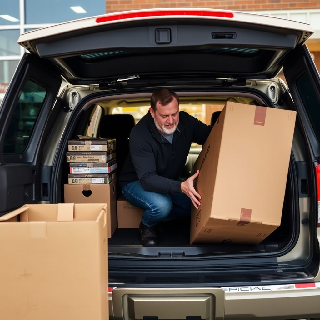 An inviting scene showcasing Justin at a store pickup location, with his SUV clearly visible and loaded with oversized items. The image has a bright, sunny atmosphere to communicate trust and energy. Elements like onlookers admiring the spacious SUV and holiday decorations in the background create a rich narrative. The focus is on Justin’s friendly demeanor to emphasize service quality.