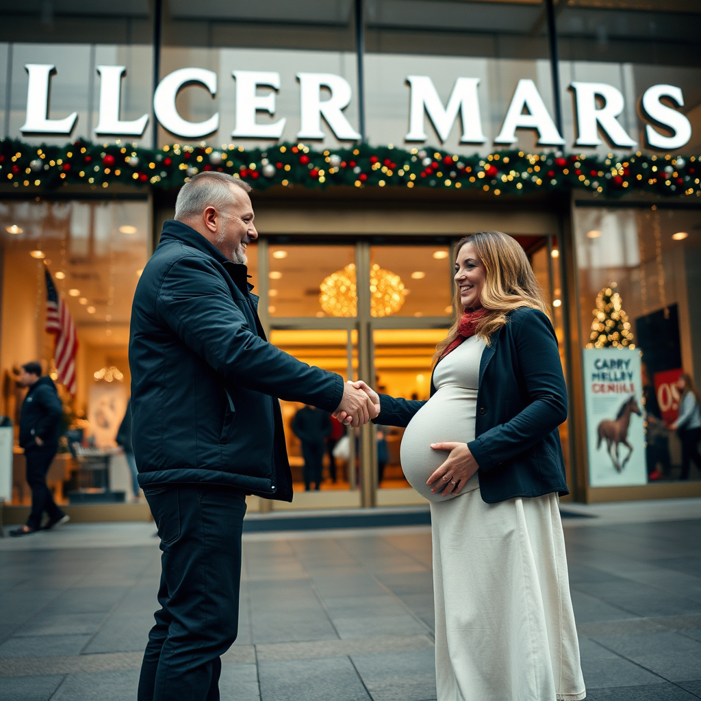 An engaging image of Justin discussing delivery plans with a satisfied customer in a store. The focus is on their interaction, capturing the look of relief on the customer’s face. The ambient store lighting sets a warm ambiance, enhancing the trust in Justin’s service. The background includes holiday displays, and the interaction highlights Justin's attentive service.