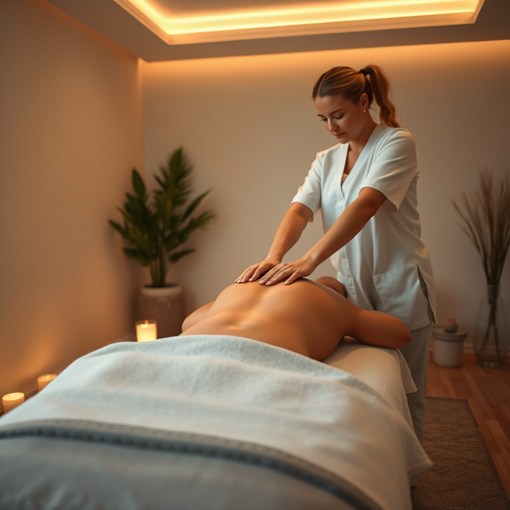 A photorealistic depiction of a calm treatment room where a skilled therapist is administering a Swedish massage. The room is adorned with soft lighting, calming colors, and natural elements like plants and stones. The therapist's hands are engaged in smooth strokes on a client's back, showcasing relaxation. Ambient light creates a peaceful atmosphere, while the camera angle captures the tranquility of the space. Technical specs: 4K resolution.