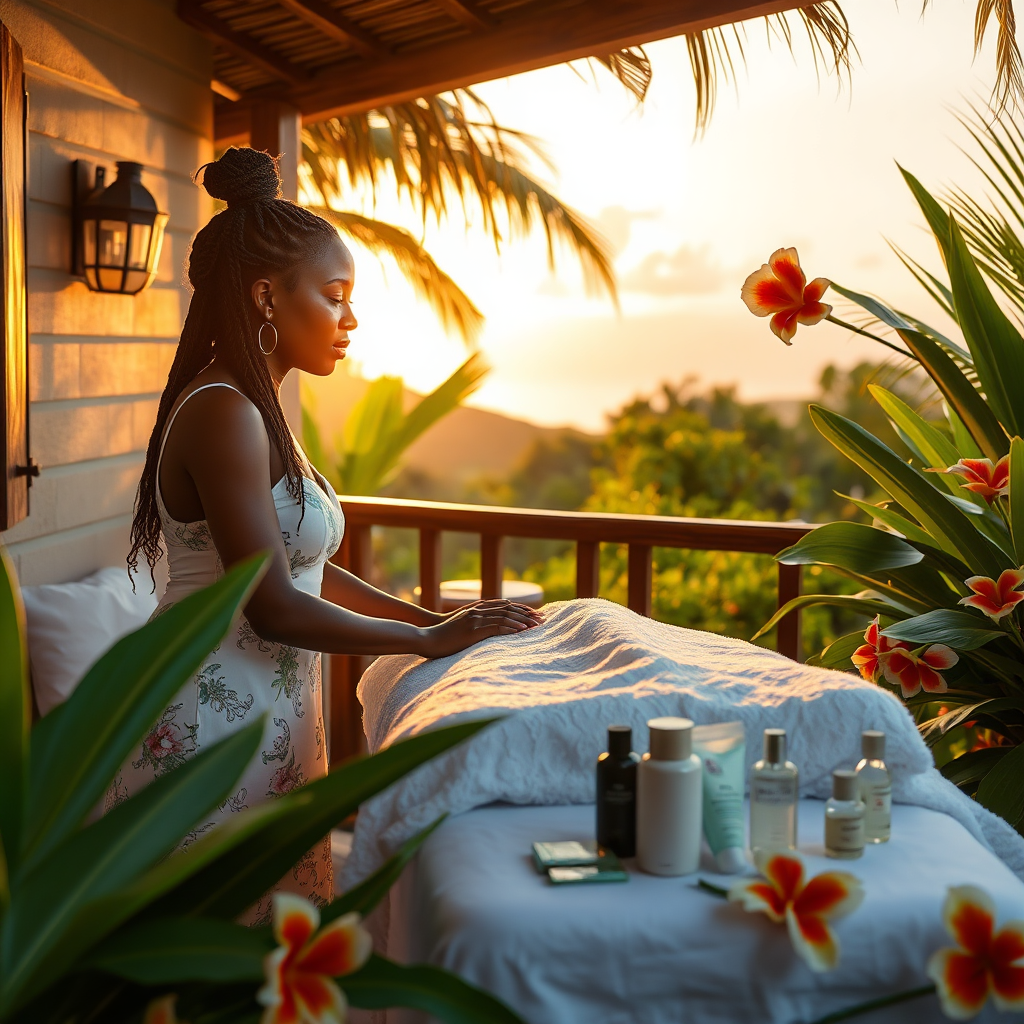 A photorealistic image capturing the essence of Cher's Massage & Hair Braiding Services. The setting is a cozy outdoor space at Negril Tree House, featuring Cher warmly greeting a guest. The soft golden hour light enhances the natural beauty of the surroundings. Cher's inviting demeanor is showcased as she prepares for a massage session, while beauty products and hair accessories are elegantly displayed nearby. The vibrant colors of tropical flowers surrounding the area add to the relaxing atmosphere. Style reference: island paradise. Technical specs: 4K resolution, high quality.