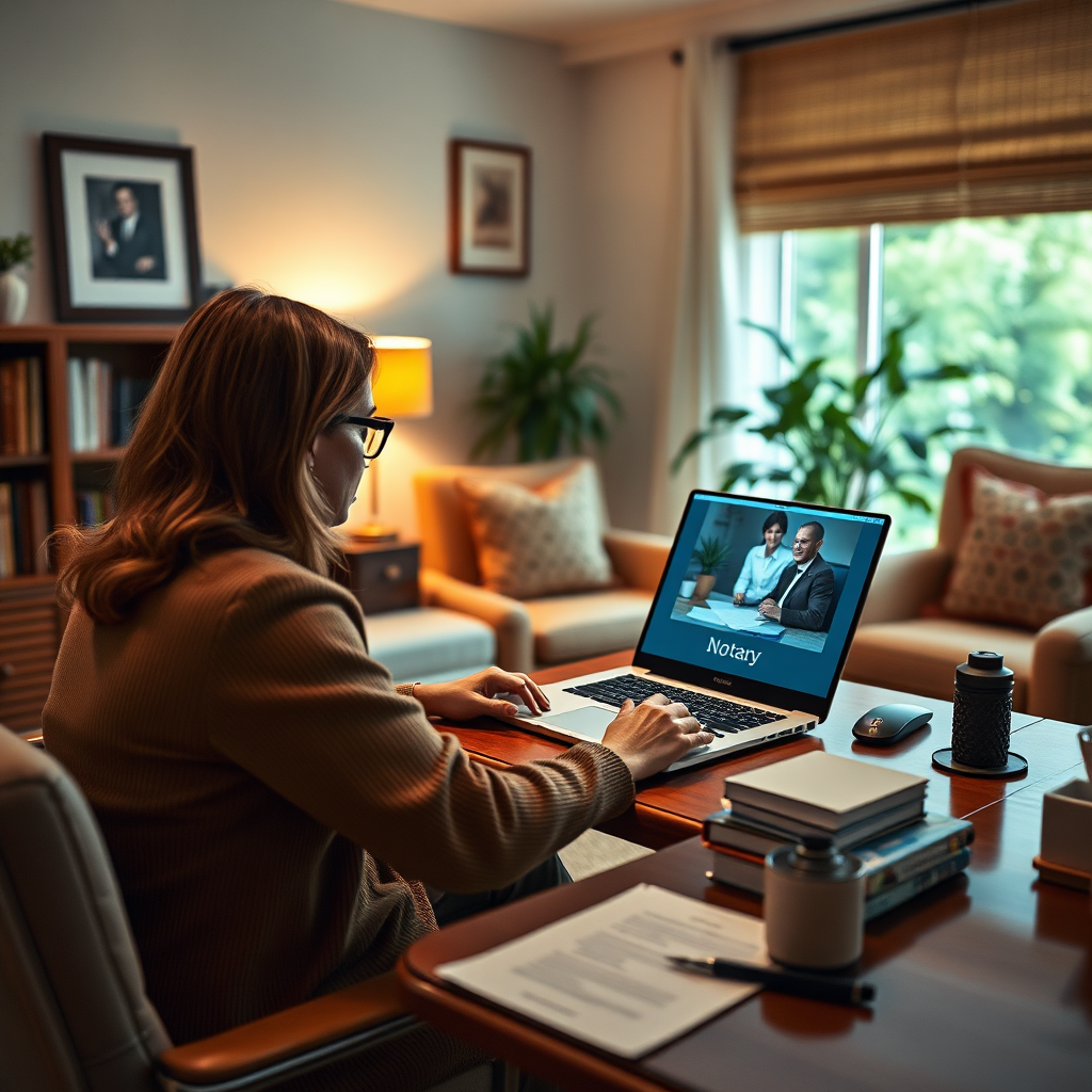 A photorealistic image capturing a cozy home office setup with a notary interacting with a client virtually via a laptop. The scene should emphasize comfort and professionalism, with soft lighting and inviting decor. A view of the notary's workspace, complete with documents and technology, highlights the capability of remote notarization services. Aim for a hyperrealistic approach in 4K resolution.